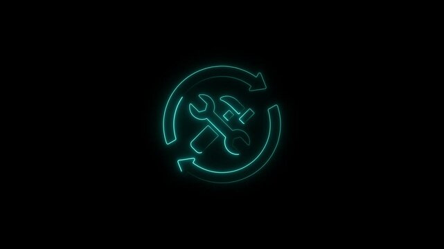 Glowing neon maintenance icon isolated on black background. HD Video motion graphic animation