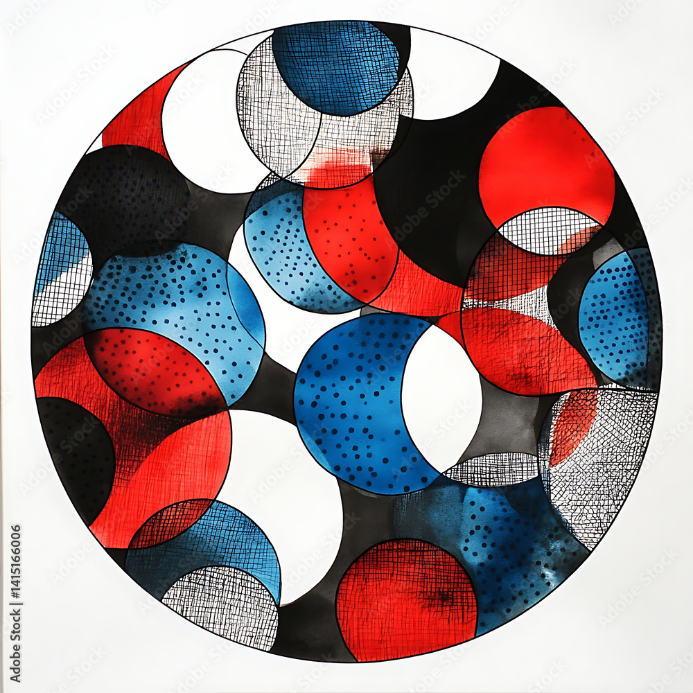Poster colorful geometric design featuring circular patterns in red, blue, and black, creating vibrant and 