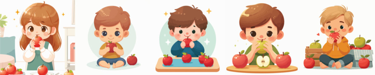 Vector of a child eating an apple.