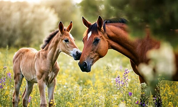 Foal nuzzles mare in sunlit, wildflower meadow