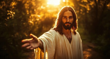 Jesus Christ extending his hand in golden light on a peaceful path, symbolizing grace, hope, and redemption. Ideal for Easter, spiritual encouragement, and Christian themes