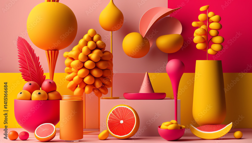 Poster this vibrant composition features abstract fruit shapes and colorful design elements that evoke a pl