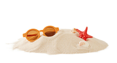 Beach sand with natural wave pattern, sunglasses, sea shells and stars on white isolated background with clipping path. Summer background. Tourism, vacation and holidays concept. Design Element.