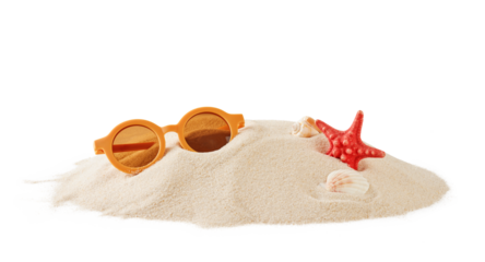 Beach sand with natural wave pattern, sunglasses, sea shells and stars on white isolated background with clipping path. Summer background. Tourism, vacation and holidays concept. Design Element.