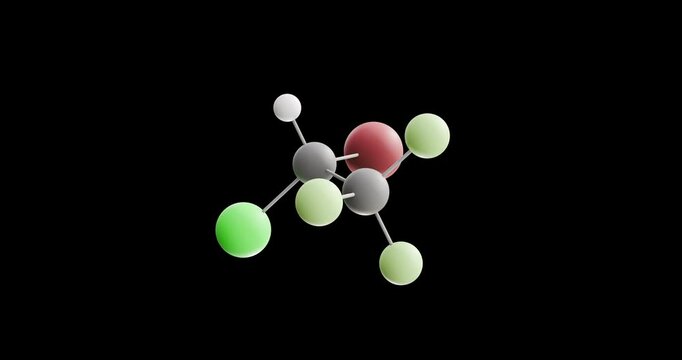 Halothane molecule, rotating 3D model of anaesthetic, looped video on a black background