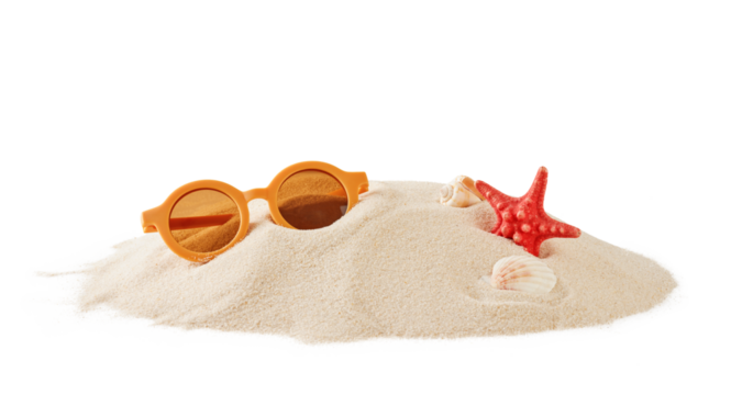 Beach sand with natural wave pattern, sunglasses, sea shells and stars on white isolated background with clipping path. Summer background. Tourism, vacation and holidays concept. Design Element. - Powered by Adobe