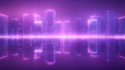Fototapeta premium Futuristic city skyline reflected in a vibrant purple and pink glow