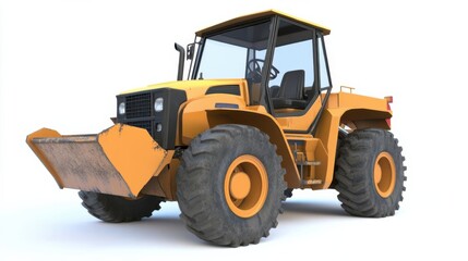 A bright yellow bulldozer parked on a construction site with clear blue skies in the background