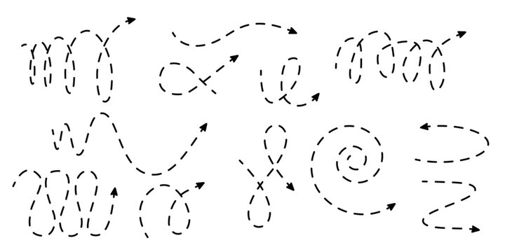 Set of manga style spiral dash arrows. Vector kawaii wavy loops with pointer. Manga doodle lines. Isolated vector signs.