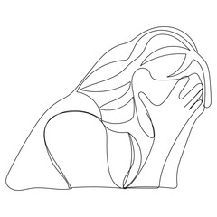 Sketch problem concept minimal woman emotion stress headache drawing line art. Female unhappy depress hand drawn continuous line concept with white ioslated background. Abstract,vector,illustration.