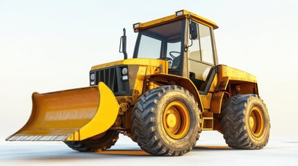Yellow construction tractor with a front loader on a clear day, ready for earth-moving tasks