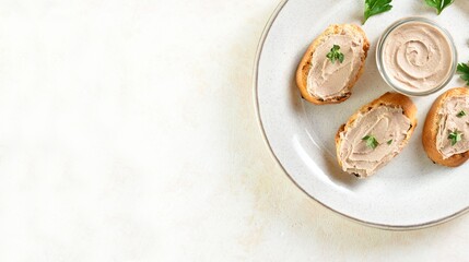 Chicken liver pate on light background with free space