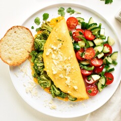 Omelet with roasted broccoli and cheese served with salad from fresh vegetables