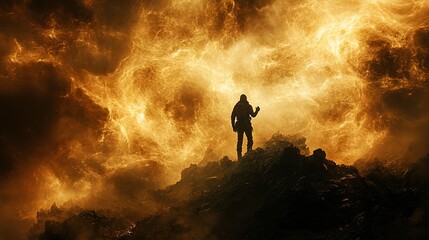 Fototapeta premium Solitary figure stands atop a rocky peak, amidst a fiery, turbulent sky