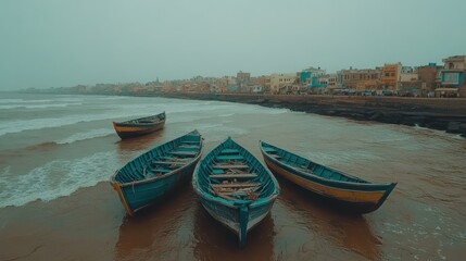 Obraz premium Fishing boats moored near coastal town in overcast weather