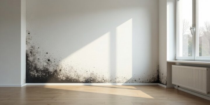 A sunlit room reveals a significant mold problem along the baseboards, requiring immediate remediation and repair to prevent further structural damage and health risks.