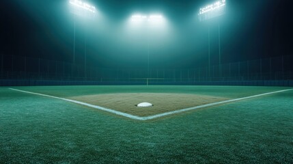 Empty baseball field at night, spotlights, fog, game preparation