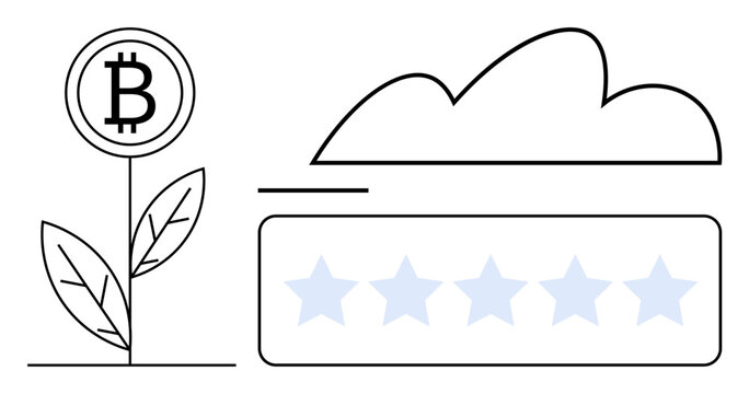 Plant growing with Bitcoin as a bloom beside a cloud and five-star rating bar. Ideal for cryptocurrency, investment, growth, digital storage, cloud services, success, innovation. Flat simple metaphor