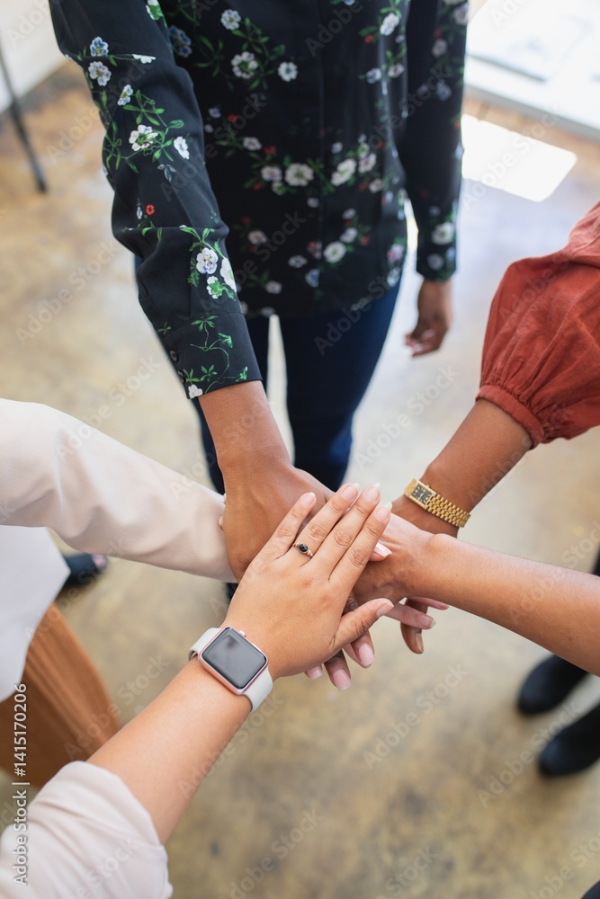 Poster diverse group of business people joining hands in teamwork. diverse hands in unity. teamwork and uni
