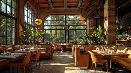 Fototapeta premium Spacious, sunlit restaurant with large windows, warm tones, and cozy booths. Interior design evokes a relaxed, upscale ambiance