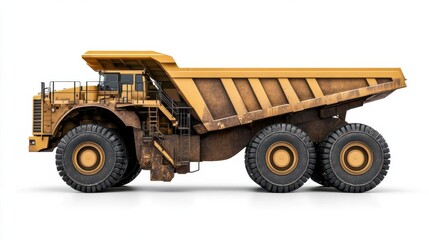 Fototapeta premium Large yellow mining dump truck on a white background showcasing its massive wheels and rugged design