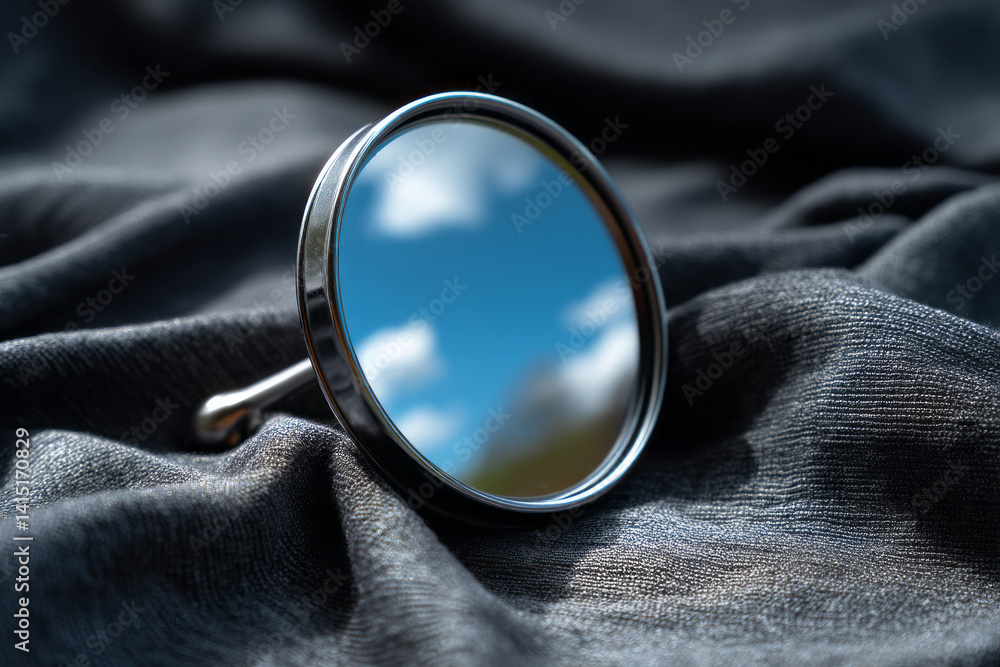 Poster elegant round mirror reflecting sky and clouds on soft fabric background with delicate textures