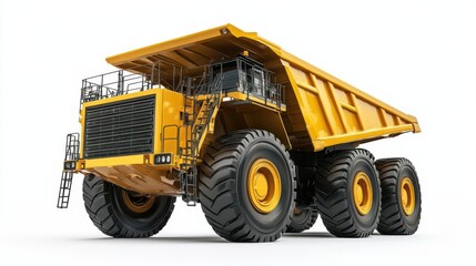 Large yellow dump truck on a white background, showcasing its massive tires and structure, ideal for industrial use