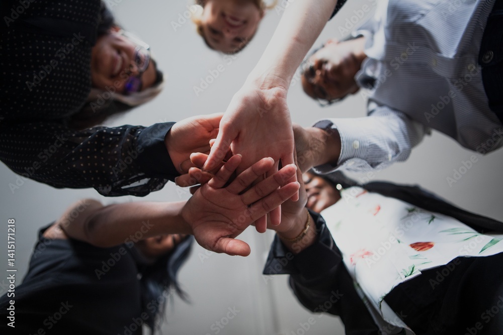 Poster diverse group of women hands in stack for teamwork. women hands in stack for teamwork. group of busi