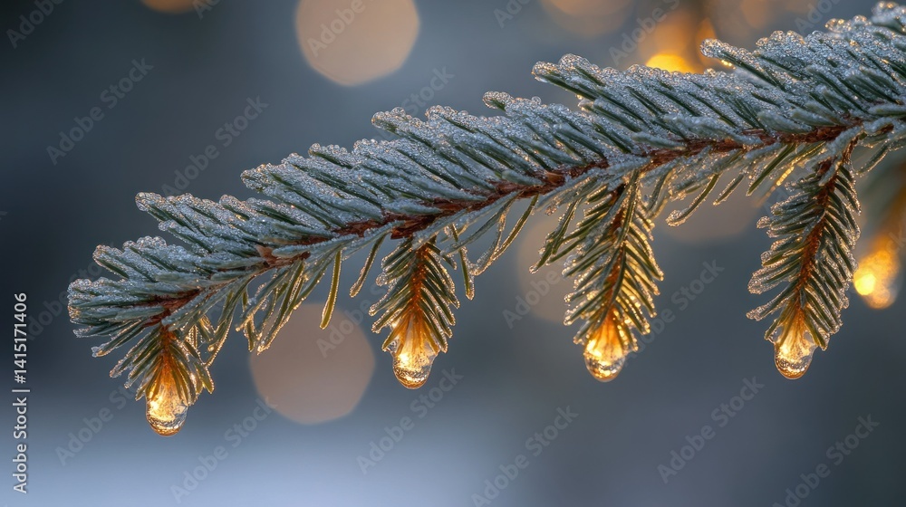 Poster frosted pine branch with dew drops illuminated by warm light