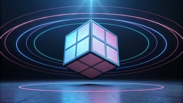 A vibrant, stylized cube composed of blue and pink squares with black outlines floats in a dark, abstract space, surrounded by concentric circles of light, creating a modern and technological feel