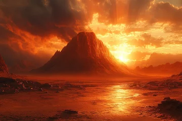 Fototapete Majestic sunset over a rugged mountain landscape illuminated by warm golden hues in an otherworldly setting © Tanu