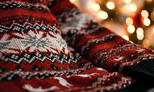 Festive red holiday sweater with intricate patterns near lit Christmas tree