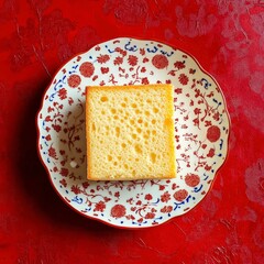 Top view of Vanilla sponge cake in ceramic chineese design plate on a red elegant background beans --v 6.1 Job ID: 40520008-a3ec-4ff5-a7dd-aafe0092689e