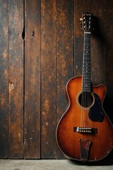Naklejka premium A sunburst acoustic guitar leans against rustic wooden planks, a timeless image of musical heritage