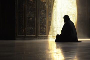 Silhouette of a Person in Traditional Attire in a Serene Space