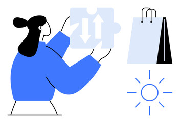 Woman lifting a puzzle piece with directional arrows, shopping bag, and sun. Ideal for business, e-commerce, teamwork, strategy, problem-solving, retail sustainability flat simple metaphor