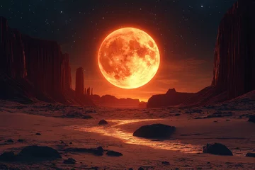  Majestic orange moon illuminates desert landscape under starry night sky © Tanu