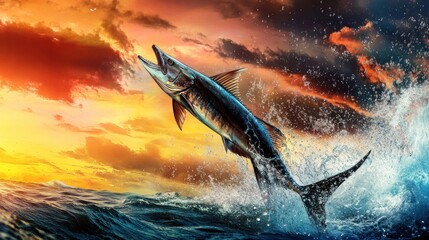 Obraz premium Majestic Tuna Leaping Ocean Sunset