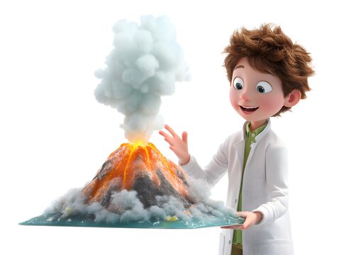 3D animated kid presenting a science fair volcano with real steam effect, isolated on a white background