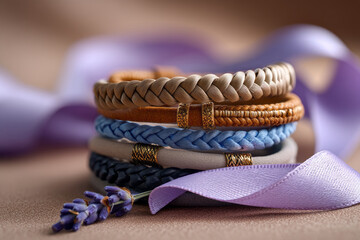 Fototapeta premium Elegant Collection of Handcrafted Leather Bracelets with Decorative Ribbons and Lavender