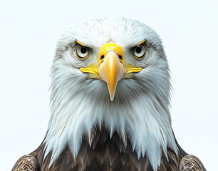 Fototapeta premium Bald Eagle Portrait on White Background Showcasing Majestic Features and Intense Gaze