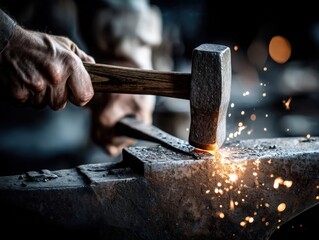 Powerful blacksmith forging metal on anvil, sparks flying, representing craftsmanship and tradition. Ideal for industrial themes, historical content, and skilled labor promotions.