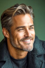 Elegant men's layered waves haircut - midlife white man with blond hair. Green solid background. A peaceful and content male enjoying his portrait. Visual idea of style for aging men.