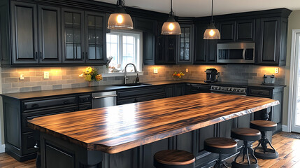 Dark Kitchen Island with Wood Countertop (2)