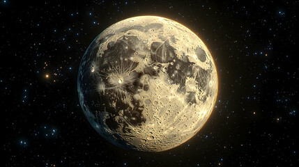 Fototapeta premium Detailed view of the Moons cratered surface bathed in warm light against a starlit expanse of deep space