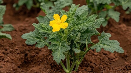 A vibrant yellow flower blooms atop green leaves in rich soil, showcasing the beauty of nature's growth and vitality.