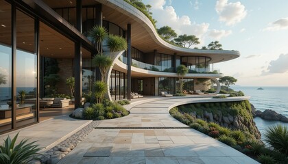 Luxury coastal residence with modern architecture, featuring a curved design, lush greenery, and stunning ocean views. Sustainable living at its finest.