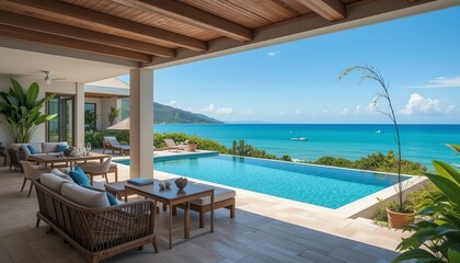 Fototapeta premium Luxury villa with an infinity pool overlooking the ocean, a tranquil island paradise for the ultimate vacation escape.