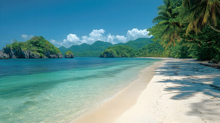 Fototapeta premium Idyllic tropical beach with turquoise water white sand palms lush green islands and clear blue sky with fluffy white