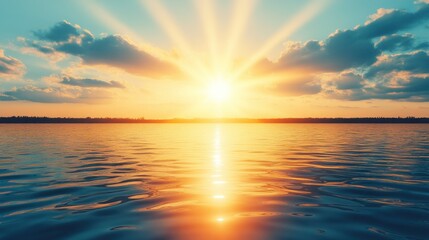 Obraz premium Sunset over water, vibrant colors, dramatic clouds